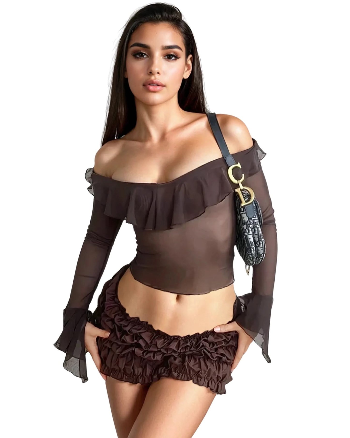 Sexy 2pc Sheer Set – Flare Top & Mini Skirt - detail shot