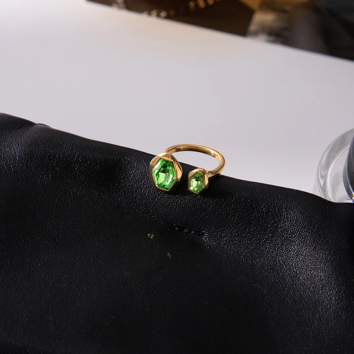 Green peridot Zirconium Geometric Asymmetric Open Ring Gift