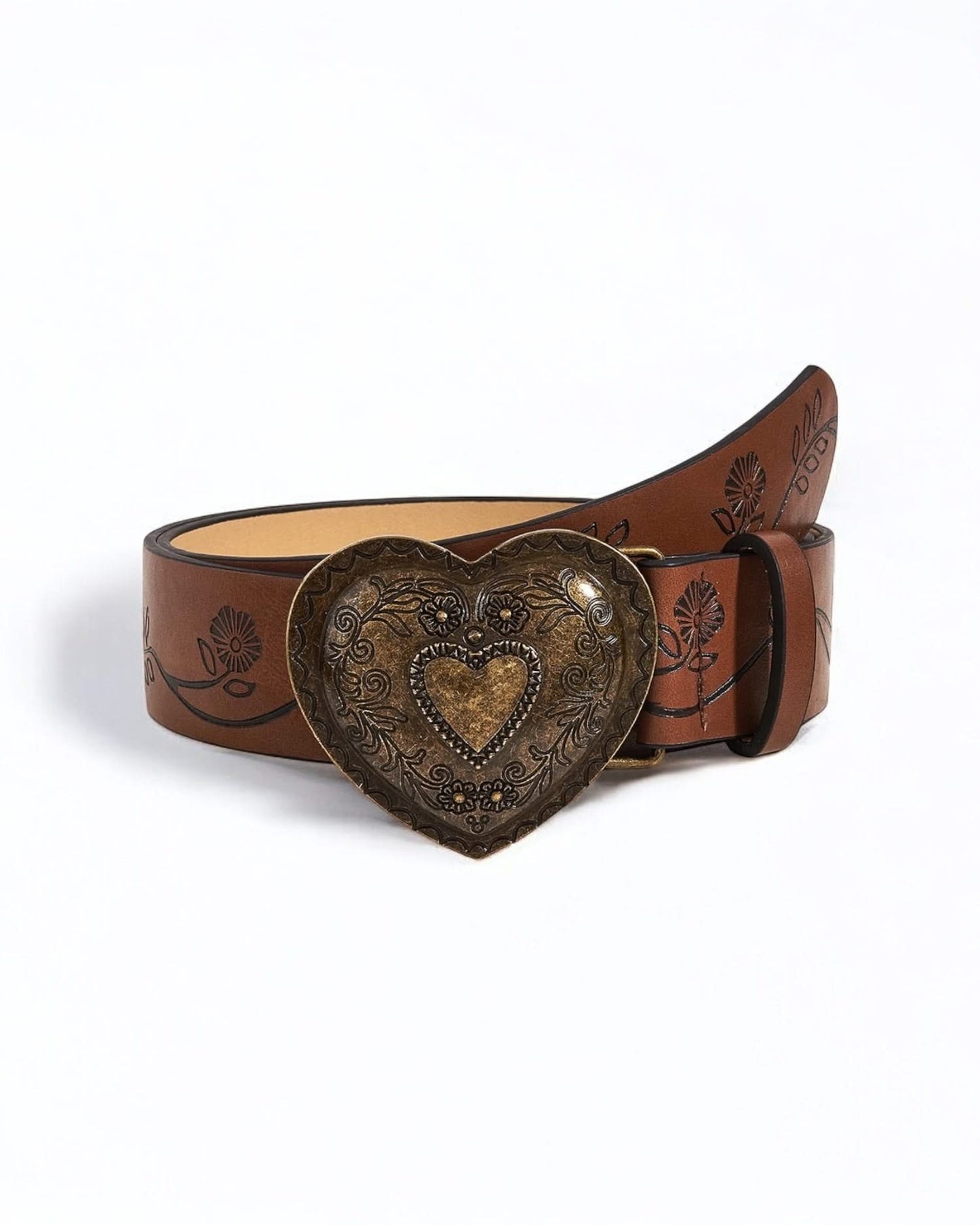Dark Brown Vintage-Inspired Heart Buckle Belt