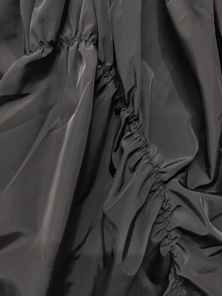 Fabric details of black Asymmetrical Drawstring Midi Skirt
