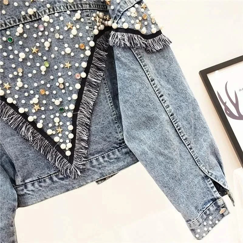 Fringe details of Embellished Blue Denim Jacket