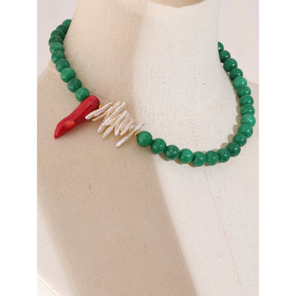Green Natural Stone Baroque Pearls Necklace
