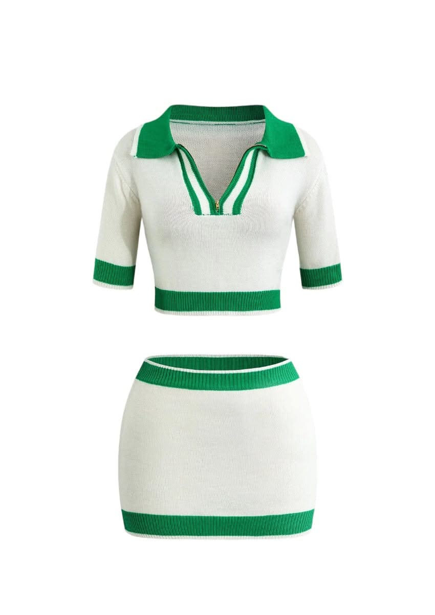 Knit Two-Piece Cropped Polo and Skirt Set - Mabel Love Co