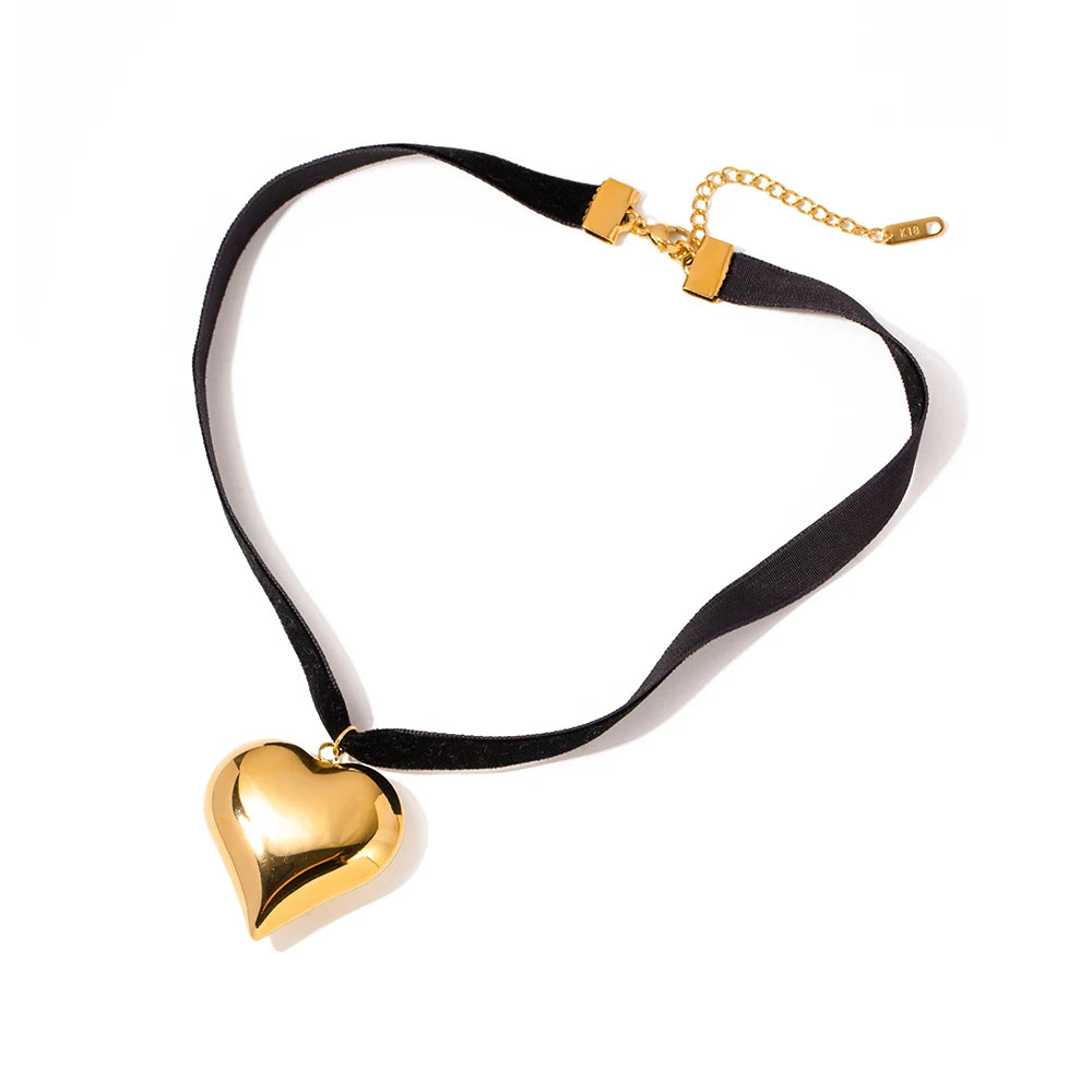 Choker Black Lace Necklace with Gold Heart Pendant