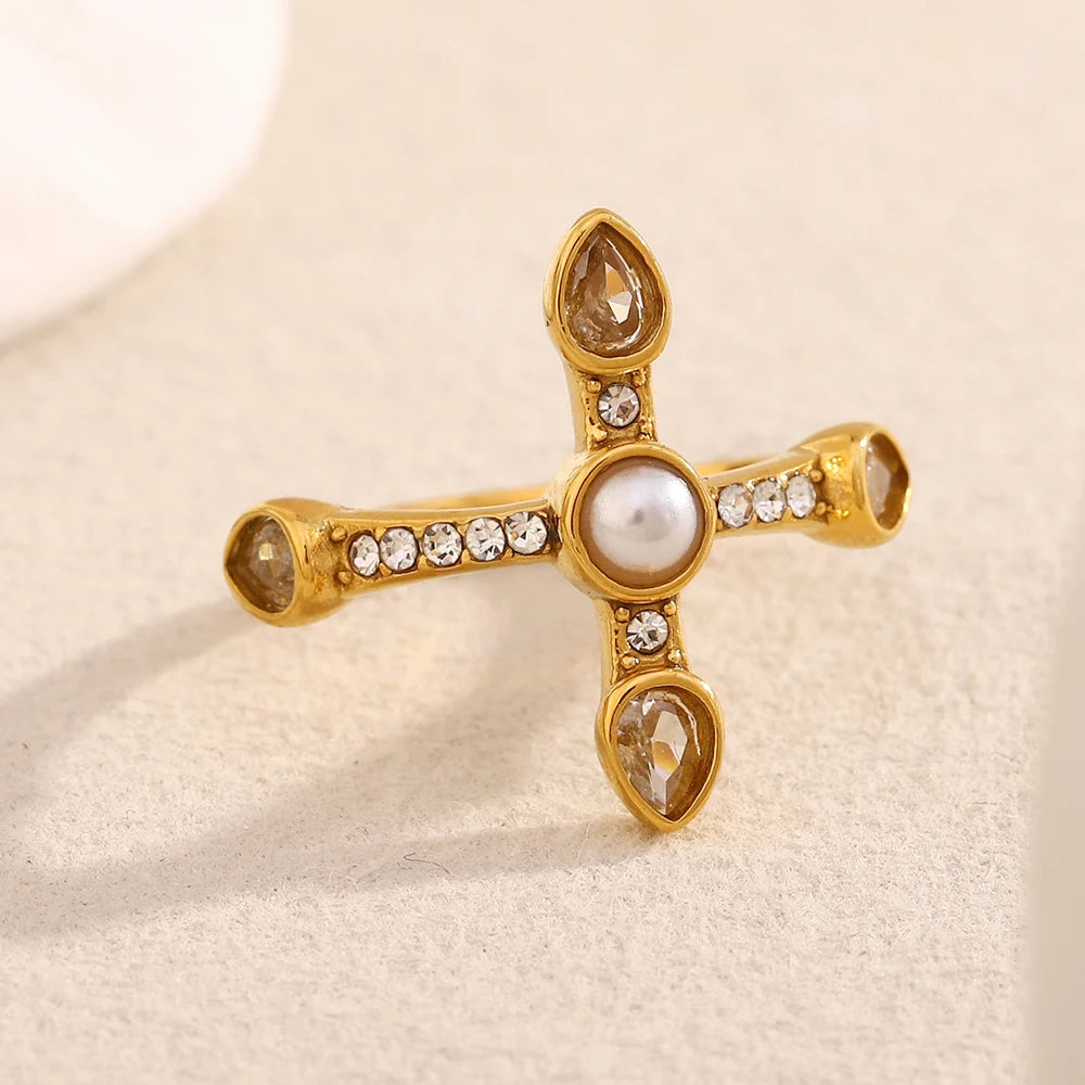 Elegant Waterdrop Zircon Cross Ring - 316L Stainless Steel Waterproof Jewelry