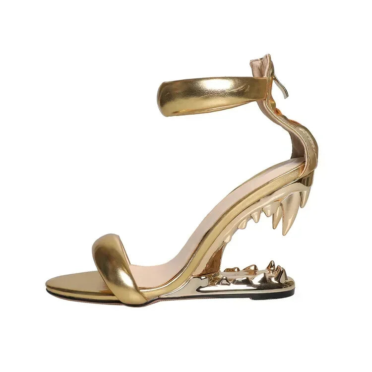 Gold Tiger Teeth High Heel Sandals - Heel Slope Design - Women's Back Zip Dress Shoes