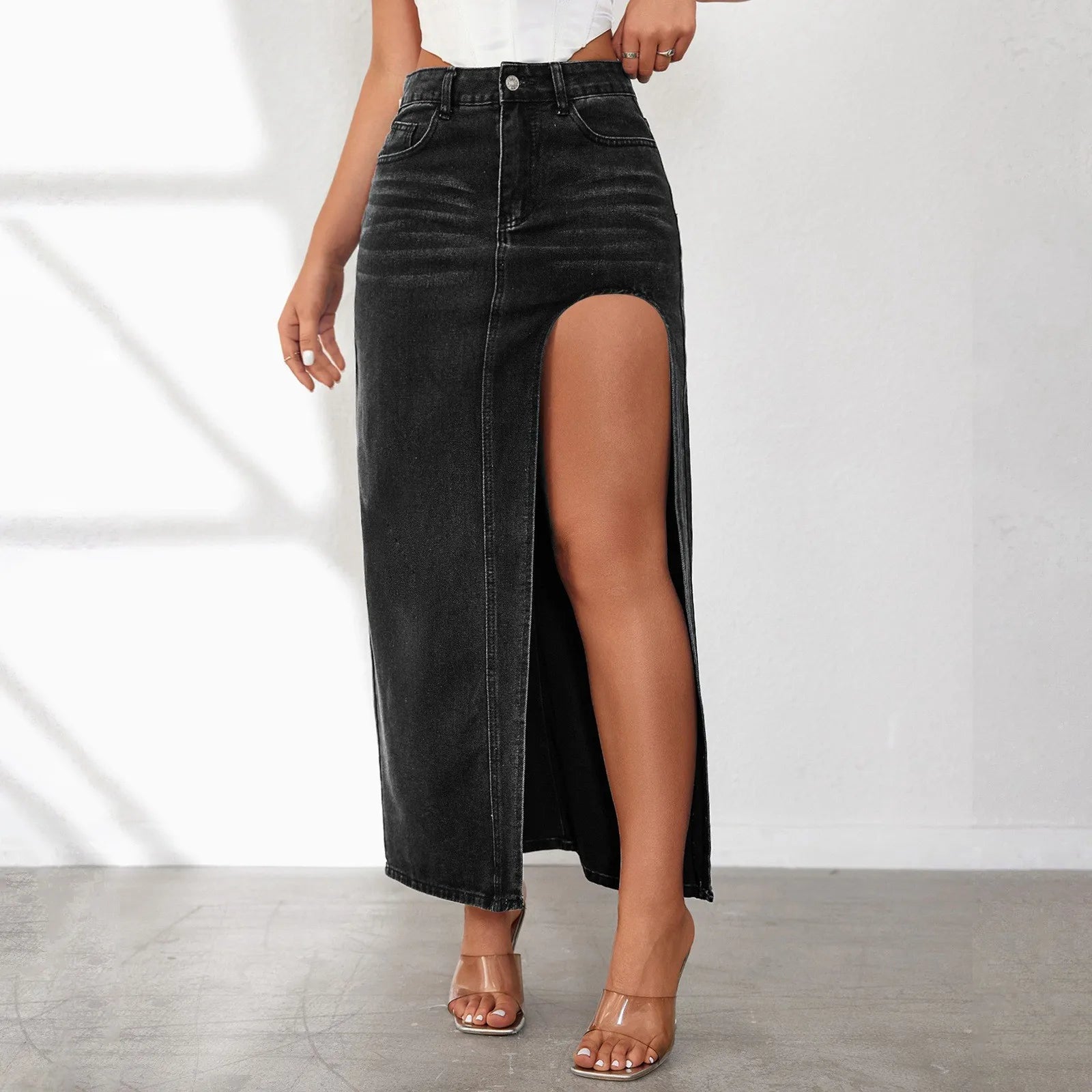 Black Long Denim Skirt with Slit