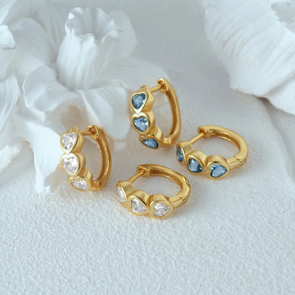925 Sterling Silver Three Heart Blue White Zircon Hoop Earrings For Women 18k Gold Ins Fine Jewelry For Engagement Gift