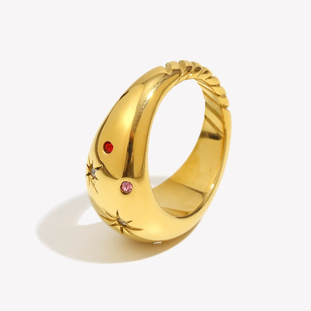 Colorful Zircon Round Dome Stainless Steel Ring