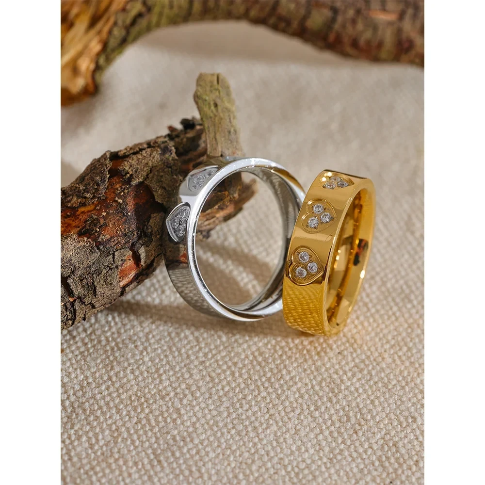 Yhpup Exquisite Cubic Zirconia Heart Stainless Steel Round Fashion Chic Ring Gold Silver Color Charm Finger Bling Jewelry Gift - Mabel Love Co