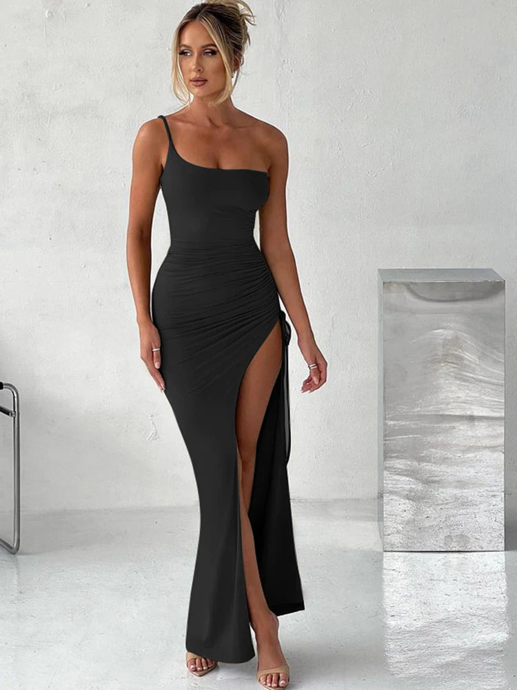Black One Shoulder with Drawstring High Slit Maxi Dress