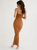 Back Angle of a woman wearing brown Corset Ruched Maxi Dress