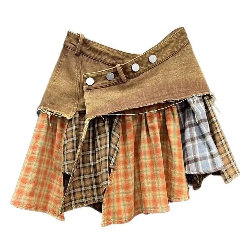 "Nova Plaid Denim A-line Mini Skirt"
