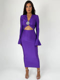 Woman wearing purple Front Cut Out Maxi Dress with Long Flare Sleeves