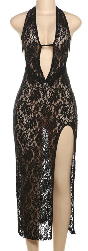 Black Mesh Maxi Split Dress with Hollow Deep V-Neckline on a Mannequin