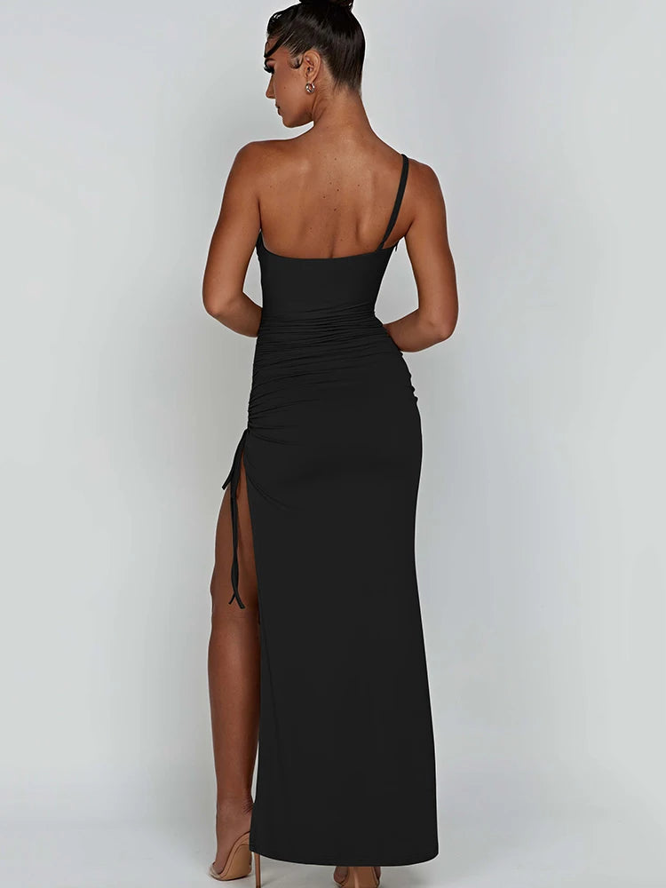 Black One Shoulder with Drawstring High Slit Maxi Dress