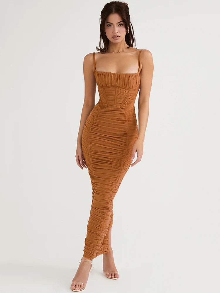 woman wearing brown Corset Ruched Maxi Dress