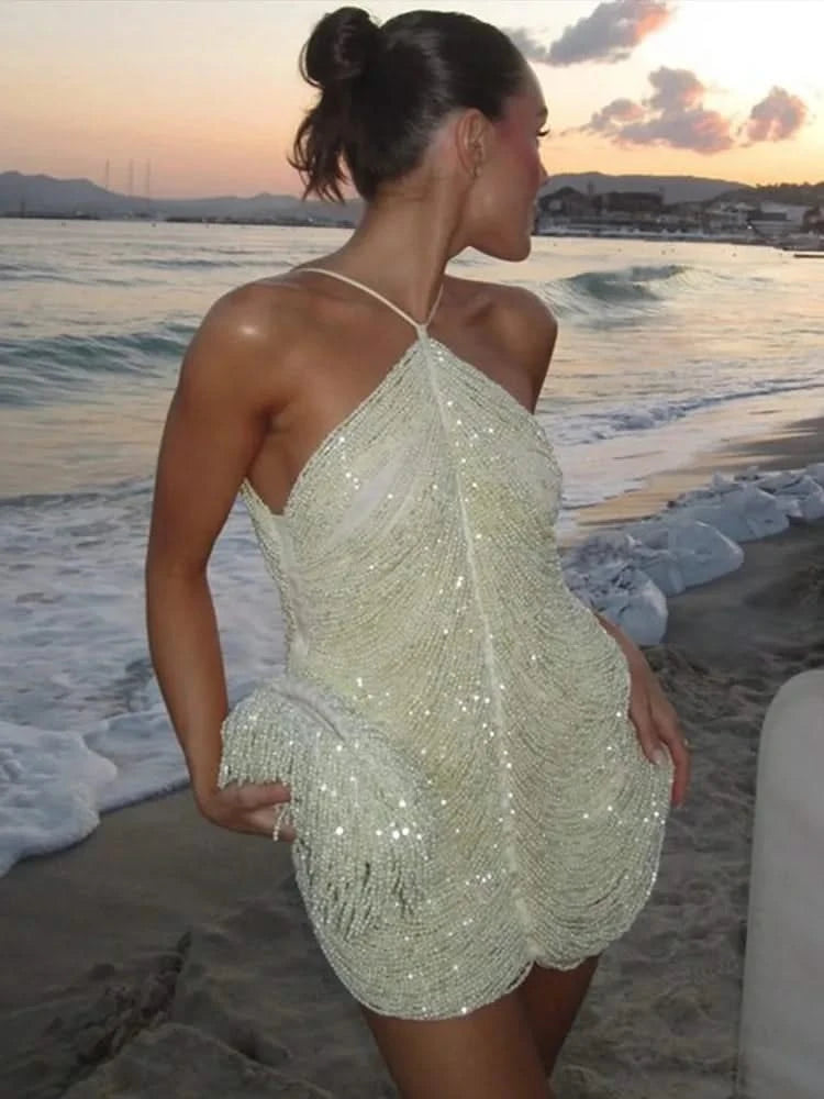 White Halter-Neck Beaded Mini Dress - Beach Outfit 2