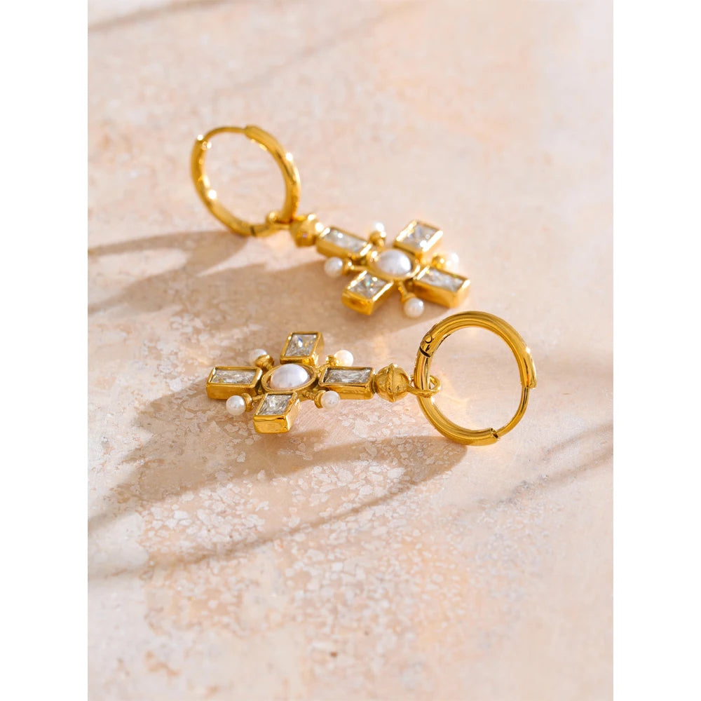 Zirconia Cross Hoop Earrings