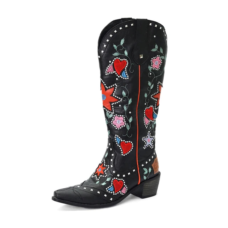 Vintage Womens Embroidered Long Boots Cowboy Western Knee High Boots Autumn Winter Ethnic Style Embroidered Boot Shoes plus Size