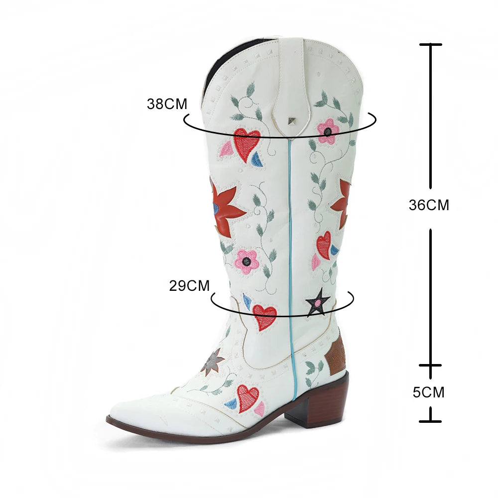 Vintage Womens Embroidered Long Boots Cowboy Western Knee High Boots Autumn Winter Ethnic Style Embroidered Boot Shoes plus Size