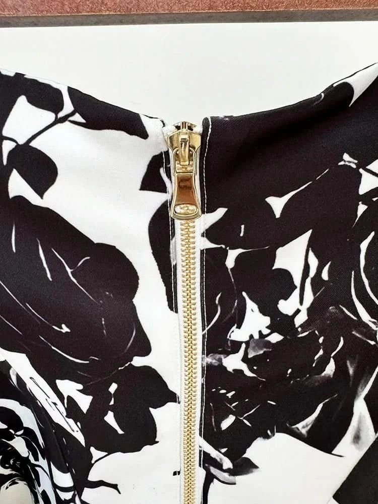 Black and White Printed Rose Mini Skirt