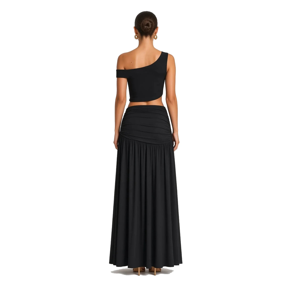 One-Shoulder Gold Rosette Maxi Set — black back