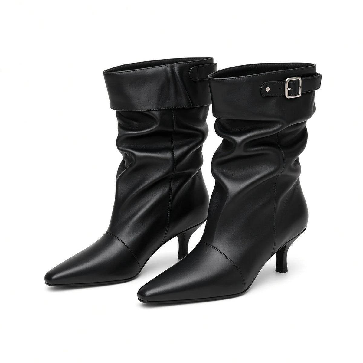 Women's Plus Size Western Stiletto Heel Boots 2026 New Pointed Toe Wide Calf Slouchy Cuff Buckle Brown Retro Chic Fashion Shoes — black front