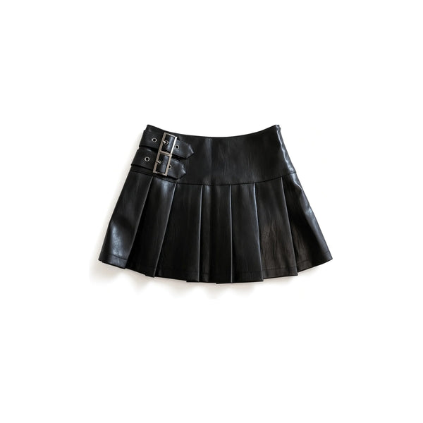 Double-Buckle Faux Leather Mini Skirt — black front