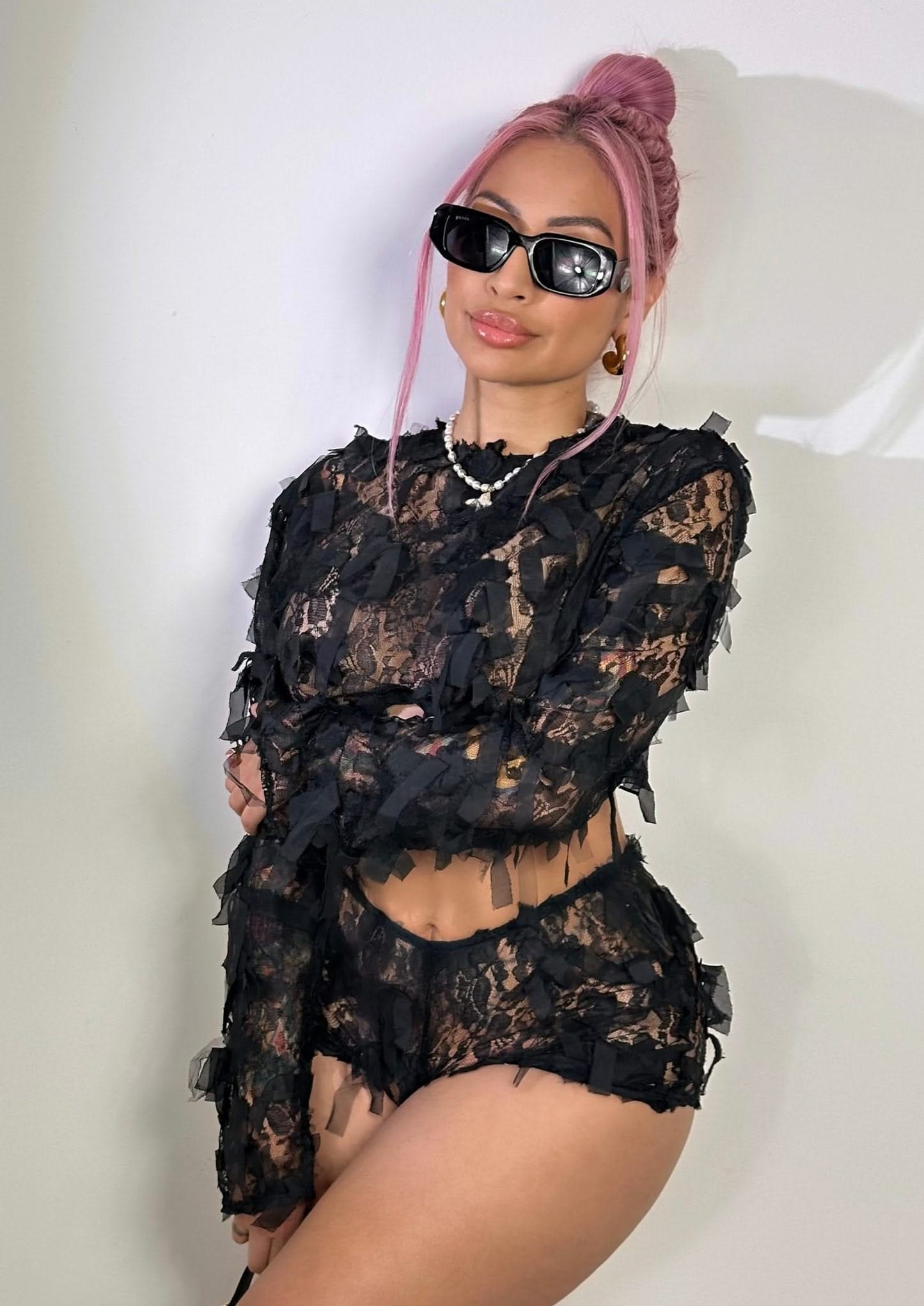 Black Lace Crop Top & Shorts Set