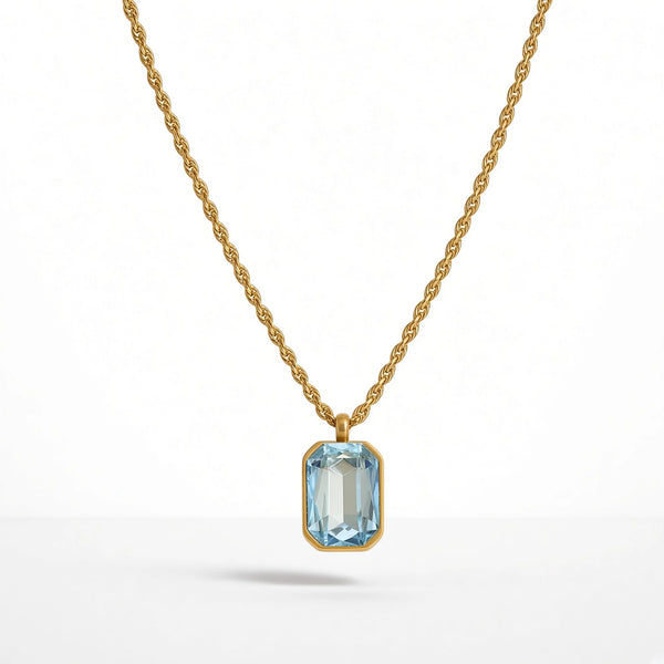 Emerald Cut Crystal Pendant Necklace — blue front