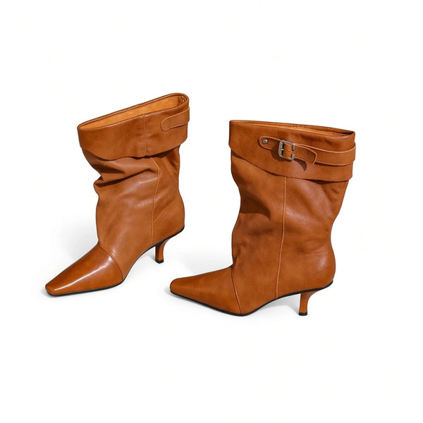 Women's Plus Size Western Stiletto Heel Boots 2026 New Pointed Toe Wide Calf Slouchy Cuff Buckle Brown Retro Chic Fashion Shoes — brown front