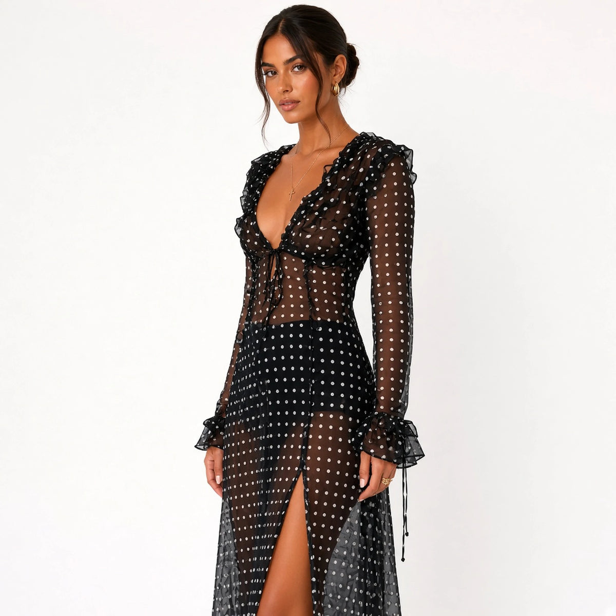 Tie Polka Mesh Maxi Dress — close-up