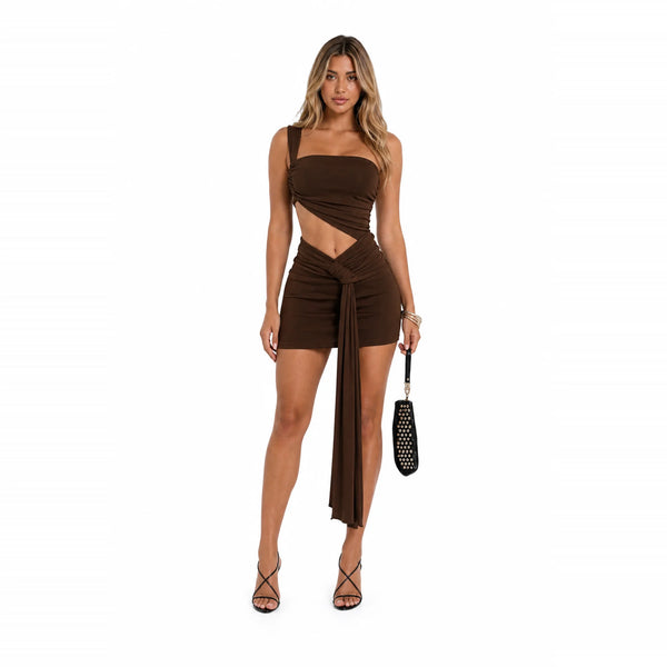 Cutout Ruffle Slip Mini Dress — front with accessories