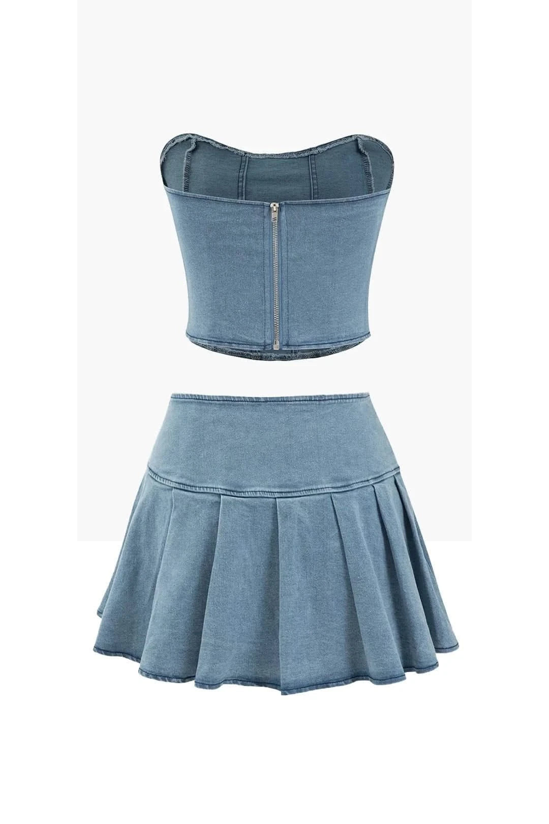 Denim Tube and Pleated Skirt Set