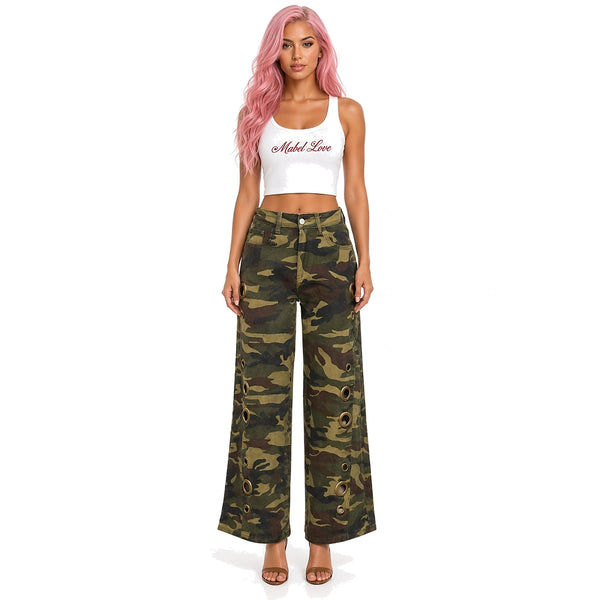Eyelet Camo Wide-Leg Jeans — front
