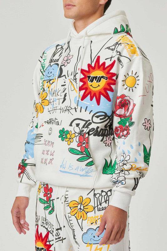 ALLOVER HAND DRAWING & CHENILLE PATCH HOODIE, 