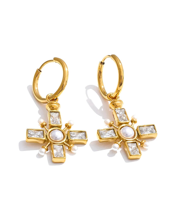 Zirconia Cross Hoop Earrings - Golden daily-wear chic — front