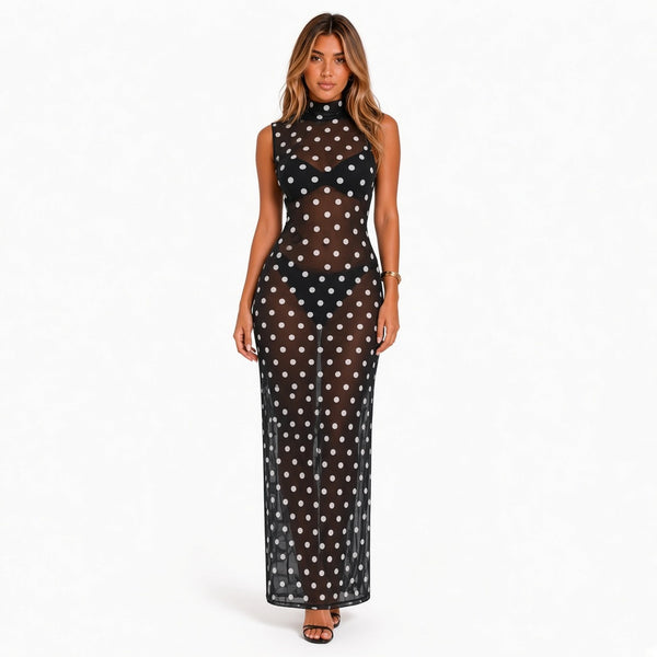 Polka Dot Turtleneck Maxi Dress — front