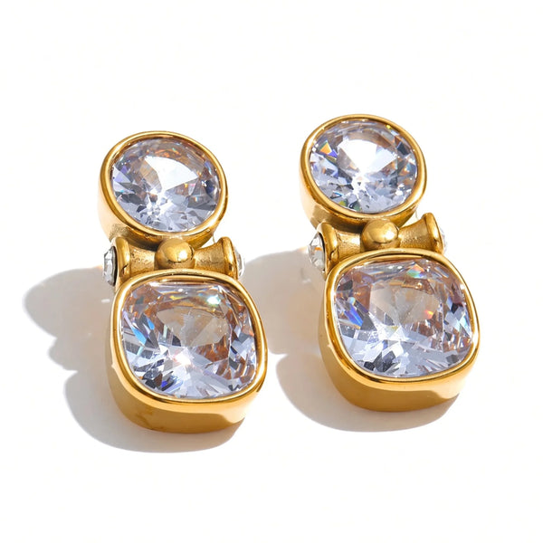 Double Crystal Stud Earrings — gold front