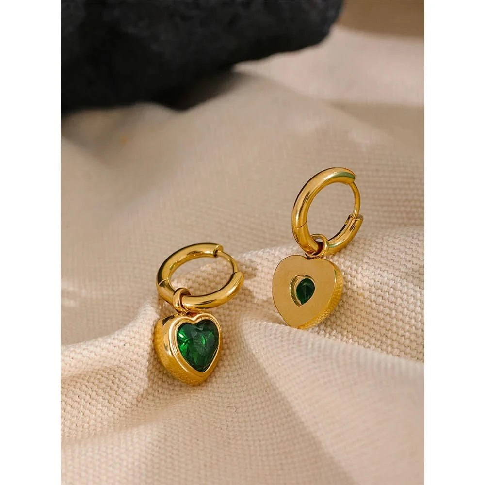 Green and White Heart Charm Hoop Earrings