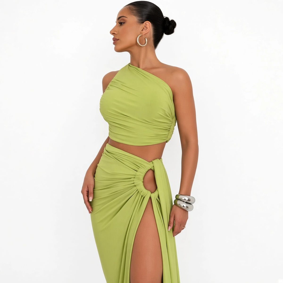 Ruched Cutout Maxi Set — Green close-up