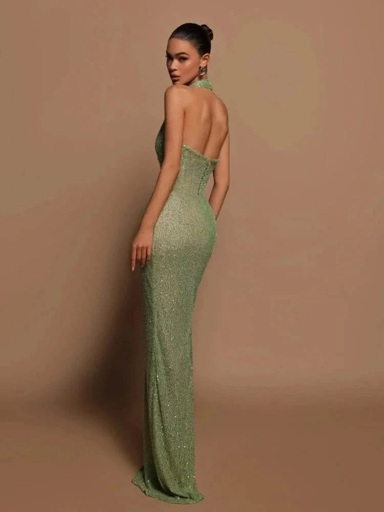 Green Sequin Halter Maxi Dress