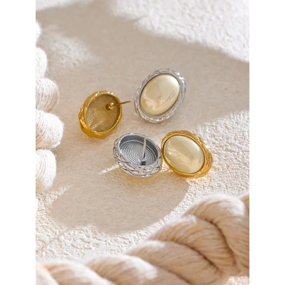 Pearl Oval Stud Earrings - Elegant Stainless Steel 18K