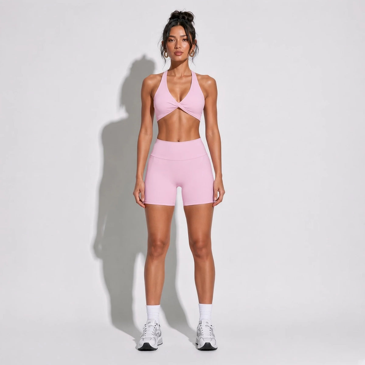Bralette V-Shaped Yoga Short 2 piece Set — Pink front