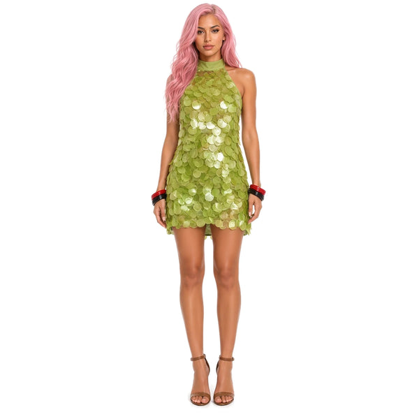 Sequin Halter Mini Dress — green front