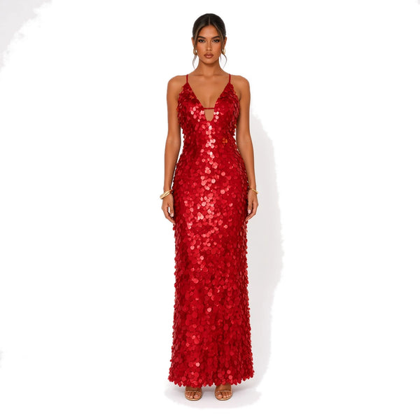 Sequin V-Neck Maxi Dress — red front