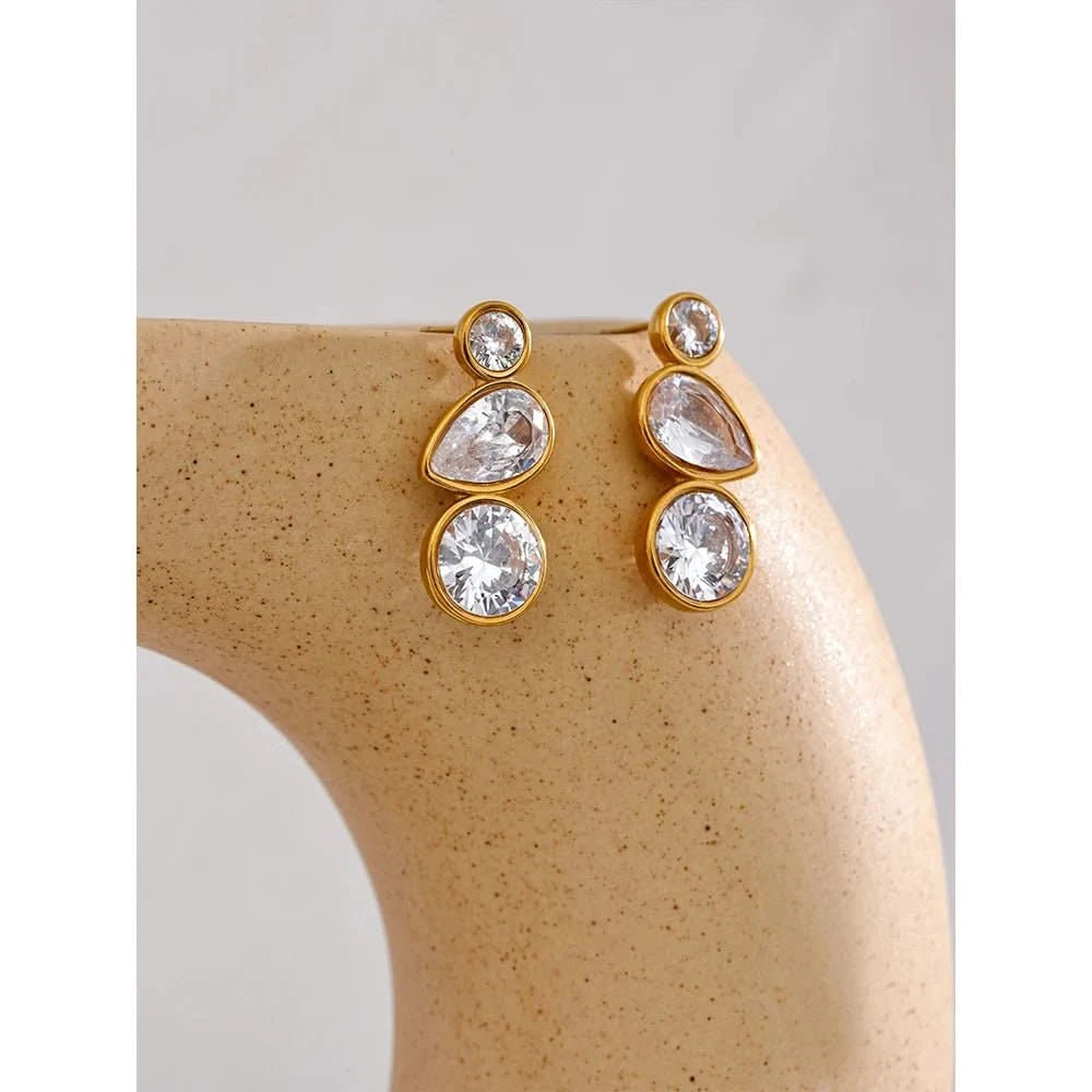 Triple Crystal Gold Drop Earrings