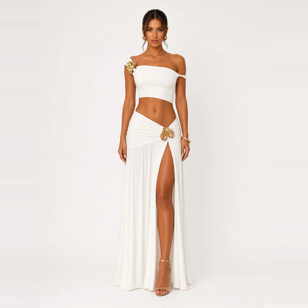 Off-Shoulder Crop Top & Ruched Maxi Skirt Set — white front