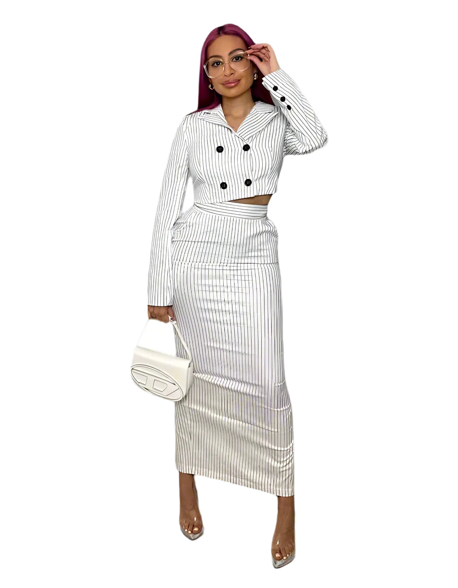 White Pinstripe Suit Set